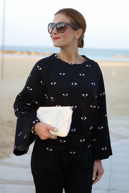 Kenzo eye print kimono sweatshirt, Miu Miu drape clutch, Fashion and Cookies, fashion blogger