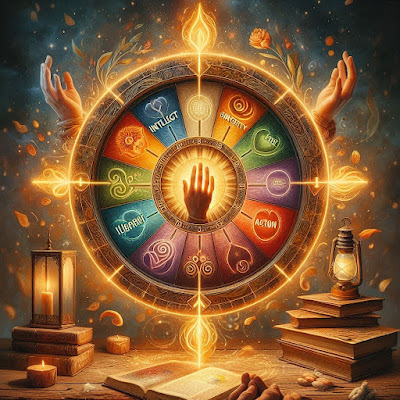 A symbolic wheel showing the MBTI cognitive functions, with the INTJ archetype highlighted. Arrows point from “Head” (intellect) to “Heart” (sincerity) to “Limb” (action), with glowing footprints marking the journey. Around the wheel are books, a heart-shaped lantern, and hands in prayer, representing the journey of type integration.