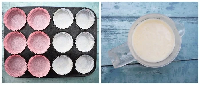 Making choc chip muffins step 1 - cupcake cases in a muffin tray and flour, salt and milk added to a jug with vinegar to make buttermilk