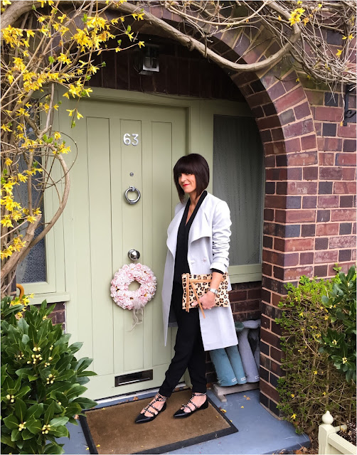 My Midlife Fashion, Great Plains Claudie Suiting Trench Coat, Great Plains Misha Crepe Joggers, Zara Studded Pointed Flat Shoes, zara crossover blouse, village england leopard print clutch, animal print clutch