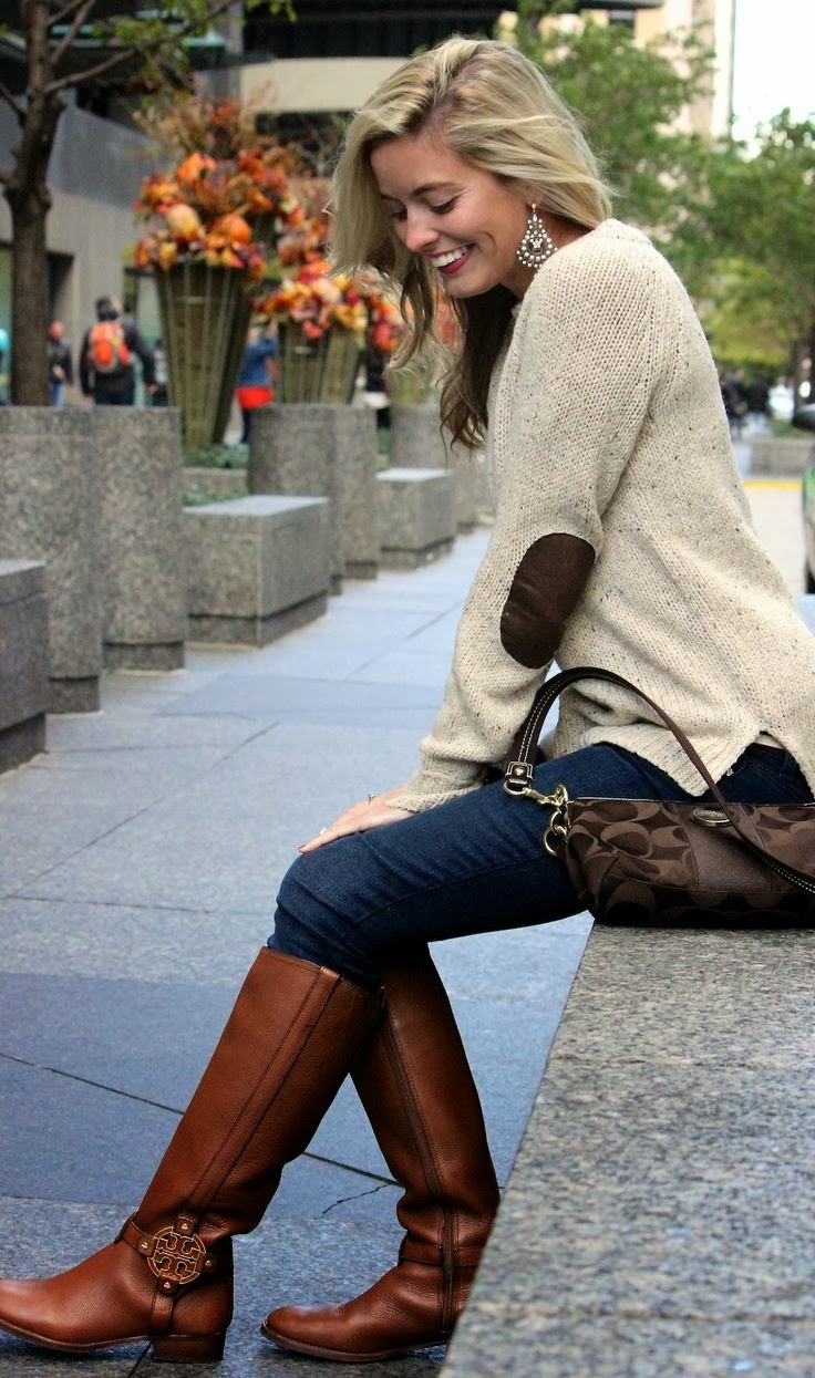 Sweater With Elbow Patches, Tory Burch Riding Boots And Coach Purse. 