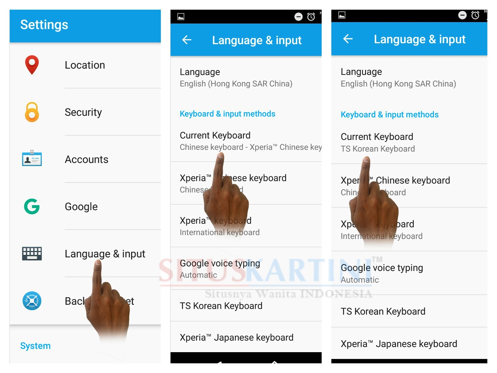 kamu menggunakan Bahasa inggris klik "Settings" kemudian klik "Language & Input " kemudian klik " Current Keyboard " dan terakhir pilih Ts Korean