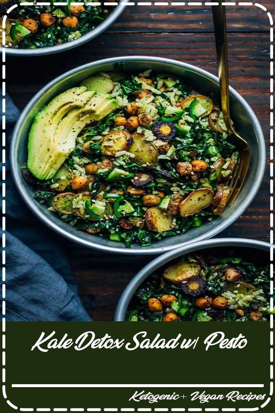 This kale detox salad is the perfect meal for a cleanse, made with whole, real ingredients. Made with a mouthwatering carrot top pesto and roasted vegetables.