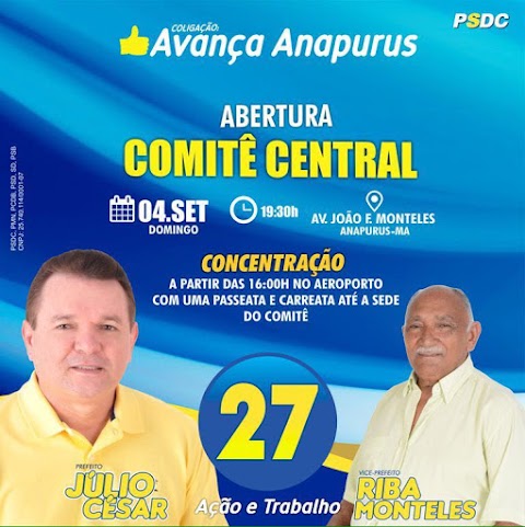 Coligação Avança Anapurus convida a todos para a grande inauguração do comitê Central neste domingo dia (04) 