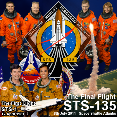 Atlantis – STS135 – First Mission STS-1: Astronauts John Young and Bob Crippen onboard Columbia on 12 April 1981. Last Mission STS-135: Mission specialist Rex Walheim, pilot Doug Hurley, commander Chris Ferguson and mission specialist Sandy Magnus onboard Atlantis 8 July 2011. NASA 2011.