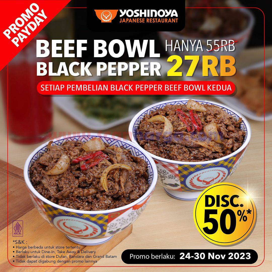 Promo YOSHINOYA PAYDAY – BELI BEEF BOWL BLACK PEPPER DISKON 50%