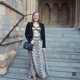 awayfromtheblue Instagram | black blazer with sequin tank over snake print maxi dress for brisbane fashion runway show