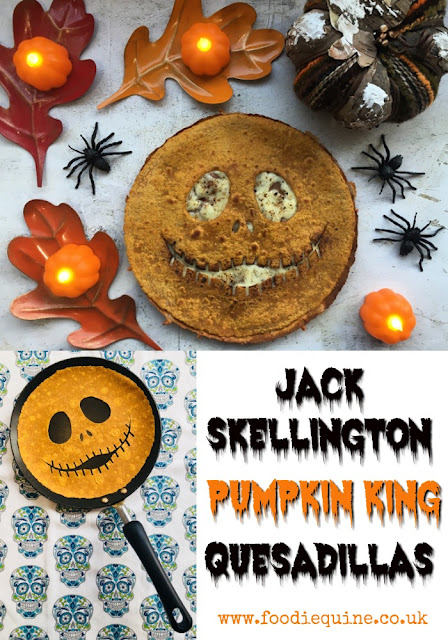 www.foodiequine.co.uk Celebrate Halloween, Dia de los Muertos (or Christmas?) with the Pumpkin King himself. Jack Skellington! Quick and easy to make but SO effective these Vegetarian Mexican Quesadillas are sure to be a spooky sensation.