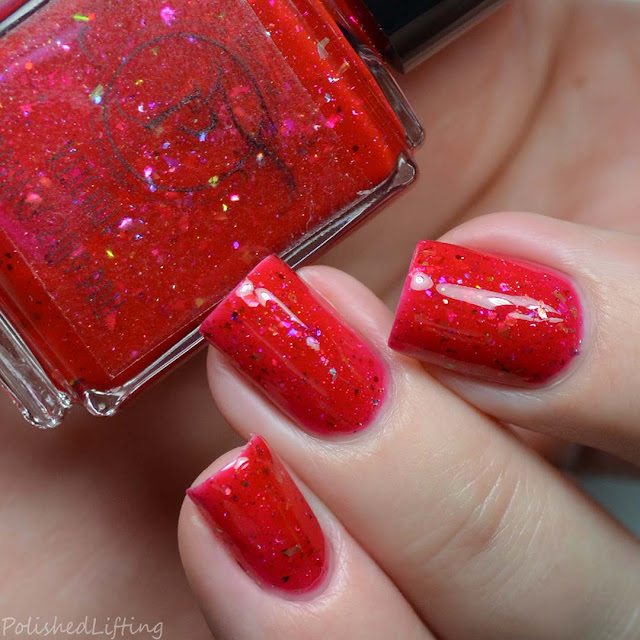 red nail polish with flakies