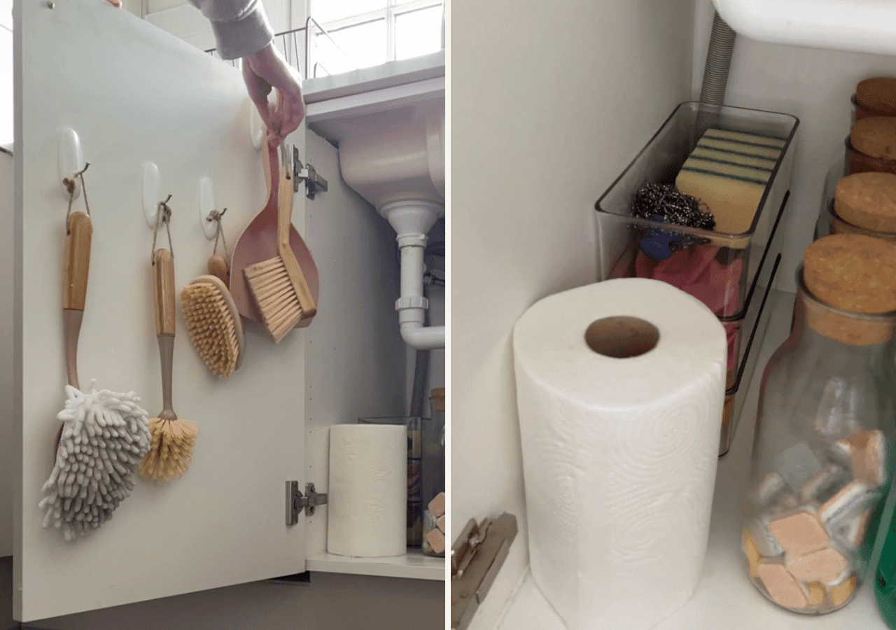 How to organise and store cleaning and household items under your kitchen sink. Using stylish, stackable storage and jars to keep your kitchen tidy