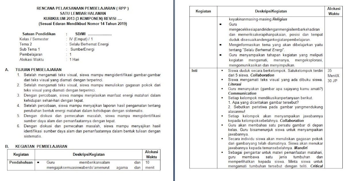 RPP 1 Lembar Kelas 4 Tema 2 Kurikulum 2013 Revisi 2020 ...