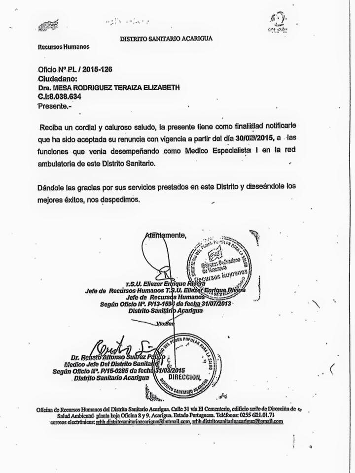 Carta de aceptación de mi renuncia al Ministerio del Poder 