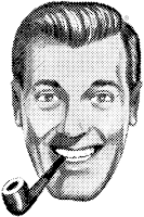 A stylised portrait, built up from grey dots, of a smiling 50s-style 'all American' man, grinning, with a pipe in his mouth.
