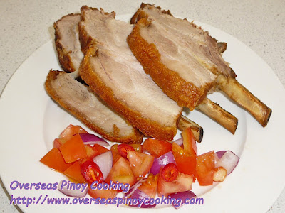 Pinoy Rack of Pork, Lechon Kawali Style - Sliced with Tomato Onion Salsa