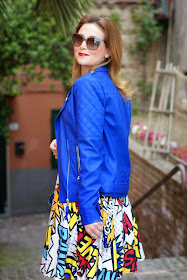 Morgan blue biker jacket, Love Moschino comics dress, Balenciaga city blue, Fashion and Cookies, fashion blogger