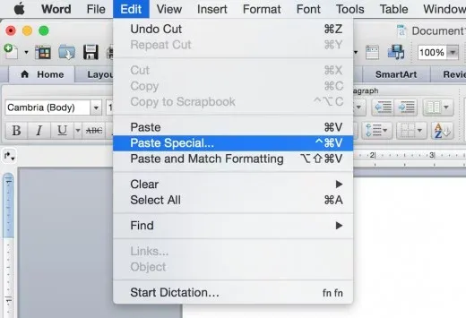 اختيار paste special  في برنامج مايكروسوفت وورد في ماك أو إس إكس