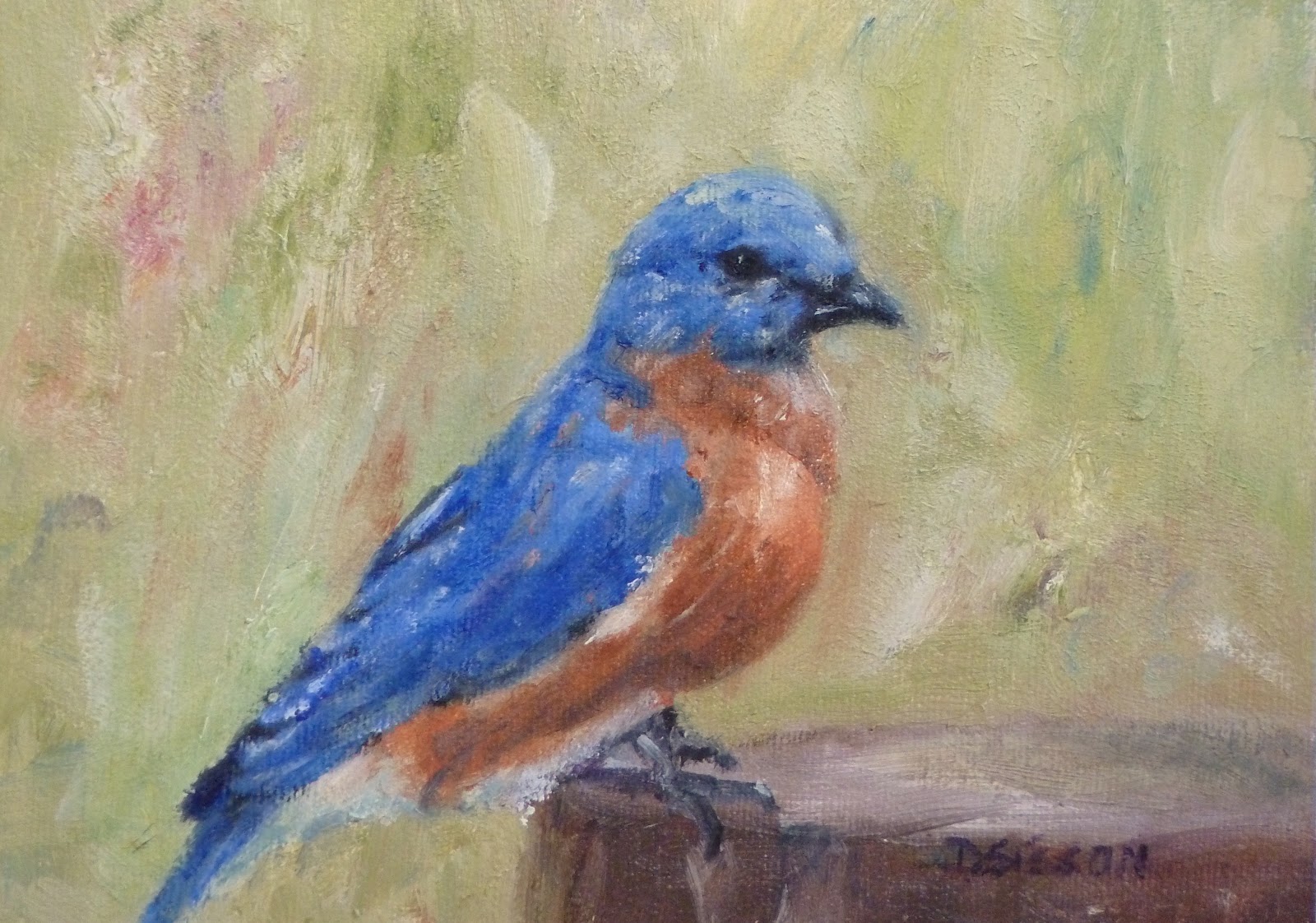 ... - Bluebird on Stump Oil Painting Bird Art Wildlife Animals Fowl