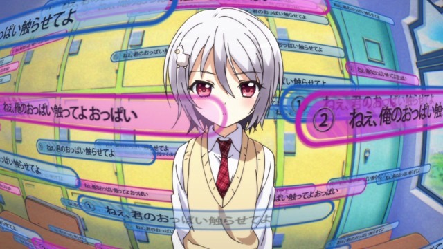 A fish-eye effect looking directly at a poker-faced Furano as choices float around her in blue and magenta buttons
