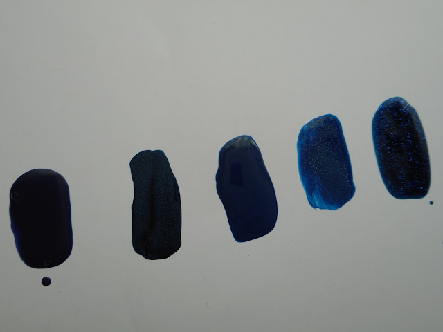 Left-to-right: Essence #22 i love my blue jeans, Essie #936 Bell-Bottom Blues, Panthenols Chroma #630, L'oreal #811 Magic Croisette, Essence #17 Indigo to Go