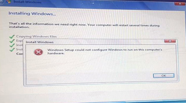 Windows Setup could not configure Windows to run on this computers hardware