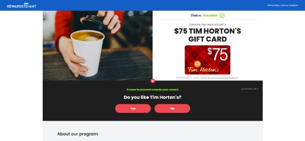 Rewards Giant - Tim Horton's $75 Gift Card