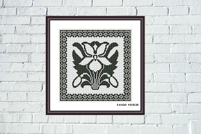 Art Nouveau black flower cross stitch floral embroidery pattern - Tango Stitch