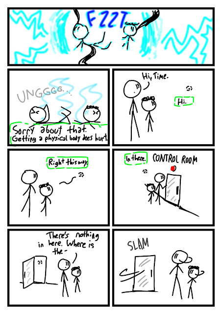 Fred and Max's souls are being zapped FZZT into physical bodies. UNGGGG... they say. They are smoking. "Sorry about that. Getting a physical body does hurt." says Time from off-panel. "Hi, Time." says Fred. "Hi. Right this way." says TIme, leading them to a CONTROL ROOM with a glass door and a red light. "In there." says Time. Fred and Max go in. "There's nothing in here. Where is the-" SLAM the door slams.