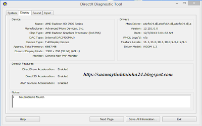 Khung DirectX Diagnostic Tool - Display