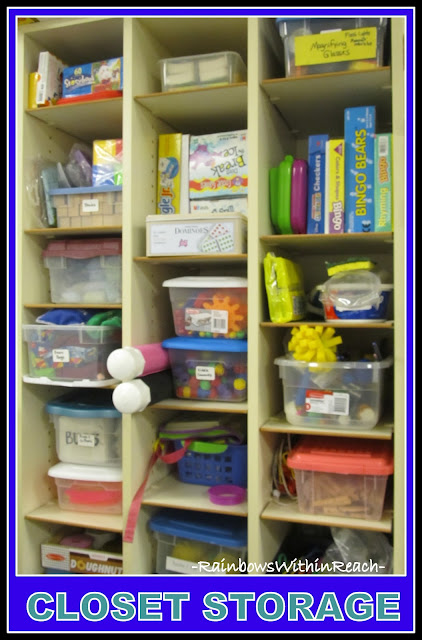 photo of: Closet of Organized Materials in Tubs and Bins