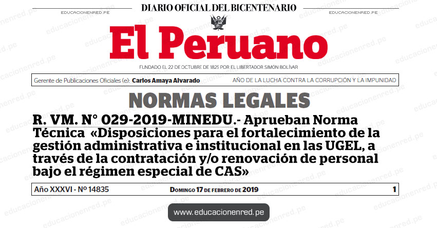 R. VM. N° 029-2019-MINEDU - Aprueban Norma Técnica denominada «Disposiciones para el fortalecimiento de la gestión administrativa e institucional en las Unidades de Gestión Educativa Local, a través de la contratación y/o renovación de personal bajo el régimen especial de Contratación Administrativa de Servicios» www.minedu.gob.pe