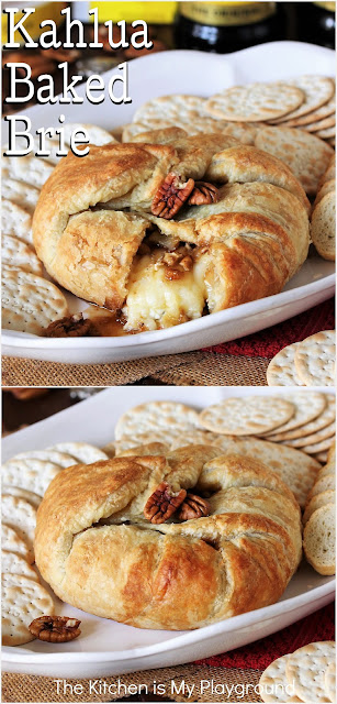 Kahlua Baked Brie ~ A tasty topping of Kahlua, brown sugar, & chopped pecans over warm melty brie delivers up fabulous flavor in every bite! Assembled with just 5 simple ingredients & the convenience of packaged puff pastry, this party favorite is also super quick & easy to make.  www.thekitchenismyplayground.com