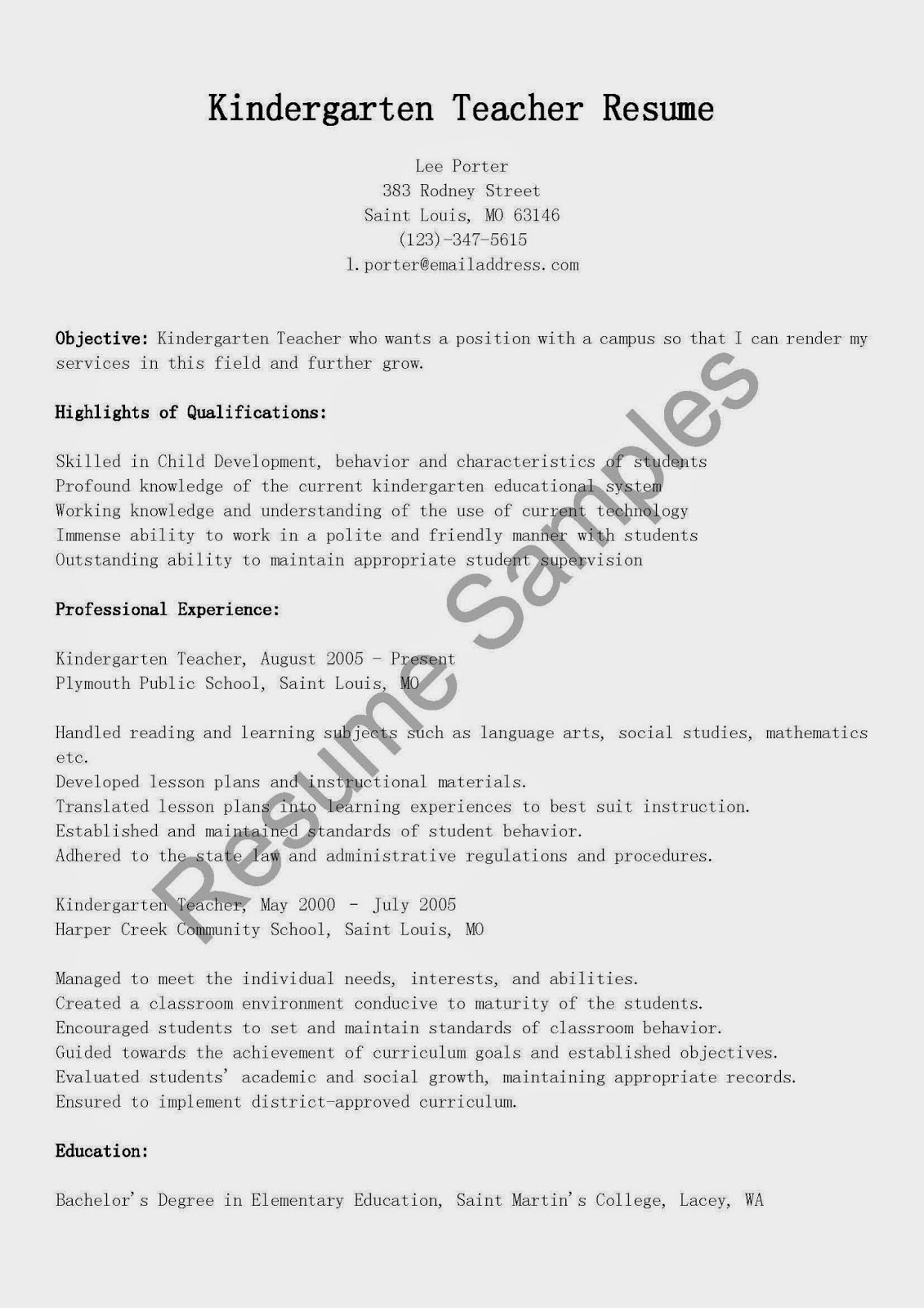 Kindergarten Teacher Resume Sample