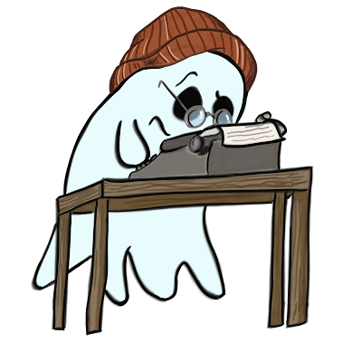 Ghost wearing a beanie and glasses hovers next to a table with a typewriter.