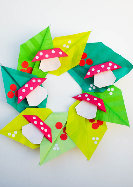 how to fold an origami mushroom and leaf wreath for new year- fun and easy kids origami project