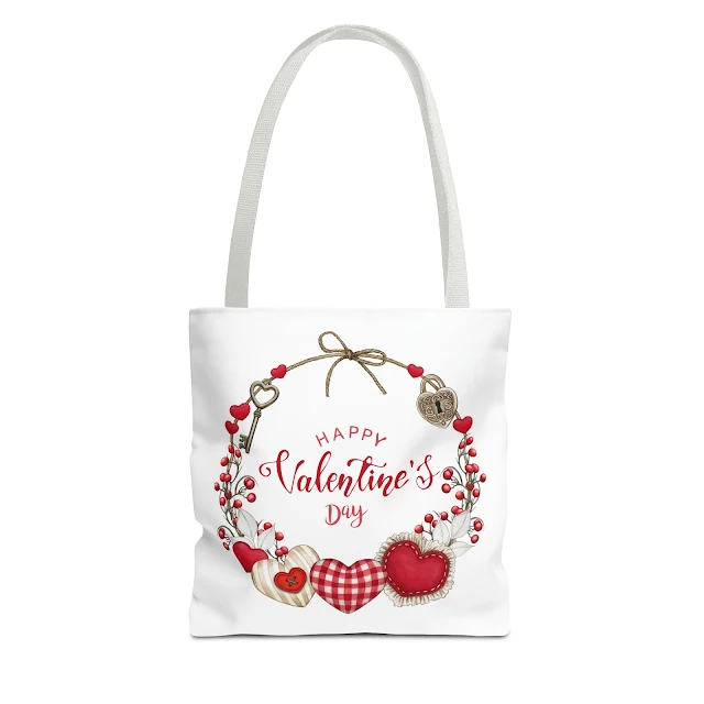 Tote Bag With Red Minimalist Happy Valentine's Day Made With Different Heart Sizes and Heart-Shaped Lock and Key