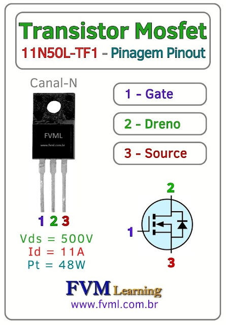 Datasheet-Pinagem-Pinout-Transistor-Mosfet-Canal-N-11N50L-TF1-Características-Substituição-fvml