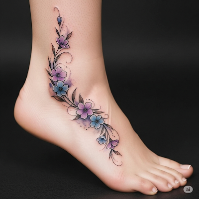 Floral tattoo on a woman’s leg, featuring detailed flowers and flowing vines wrapping gracefully along the thigh and calf.