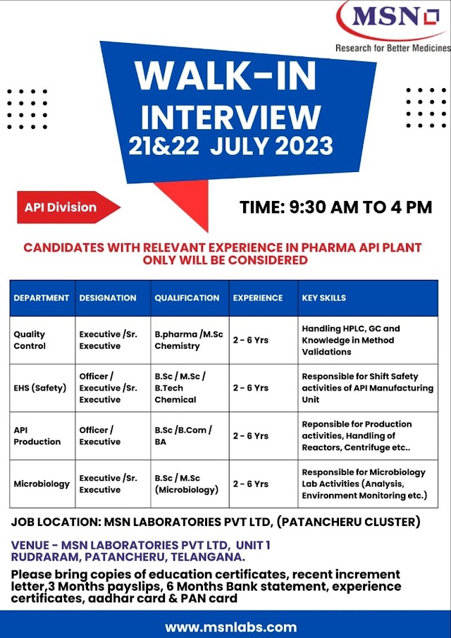 MSN Laboratories | Walk-in interview for Multiple Departments in API division on 21st & 22nd July 2023