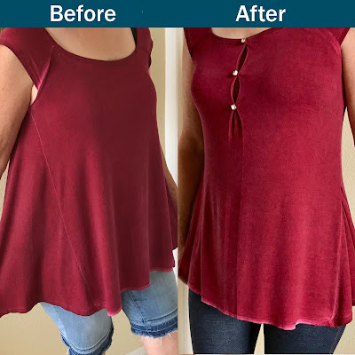 Before and after pictures of a deep red top that is first shown too wide and then shown as more fitted.