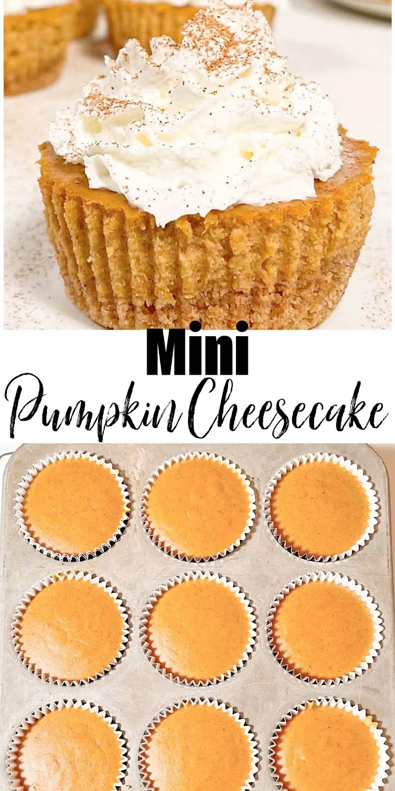 A side shot of Mini Pumpkin Cheesecakes topped with whipped cream and dusted with cinnamon on top and the bottom photo is a down shot of Mini Pumpkin Cheesecakes in a muffin tin. There is a white banner between the two photos with black text Mini Pumpkin Cheesecake.