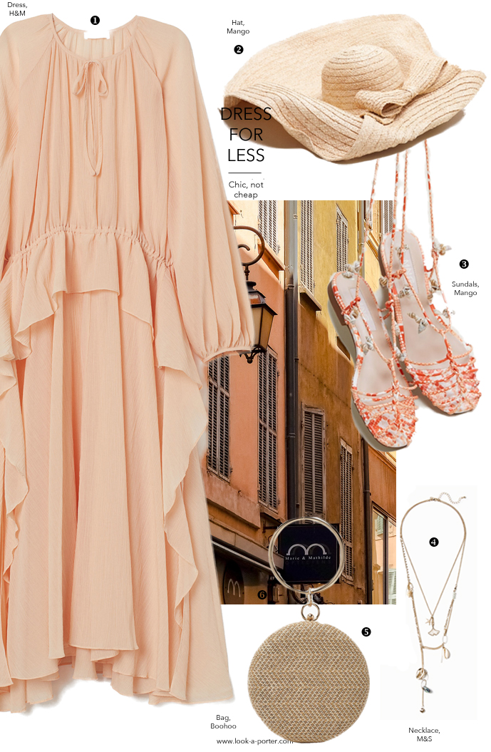 A gorgeous summer outfit inspired by chloe dress, styled with extra large straw hat, multilayered statement necklace, sandals and clutch for look-a-porter.com fashion blog, daily outfit ideas, dress for less, best buys, designer finds, wardrobe essentials and classics.