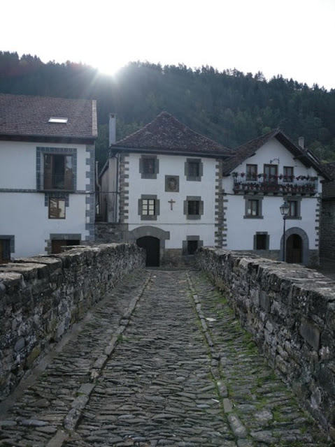 Calles empedradas y casas de piedra encaladas adornadas con macetas, arquitectura pintoresca de Ochagavia