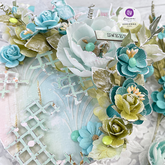 Pastel Pineapple created with: Pima postcards from paradise collection paper, chipboard stickers, ephemera, say it in crystals, harmony, soft breeze, aloha, april showers, pastel clouds flowers; Finnabair modeling paste, art deco wall stencil