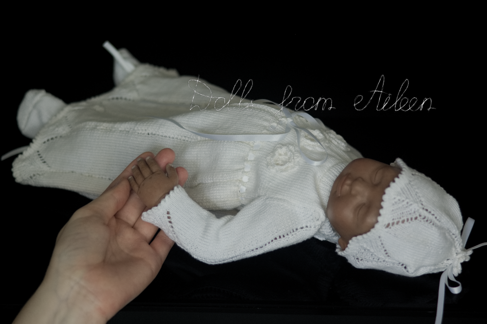 ooak baby girl doll dressed in Christening dress, with human hand
