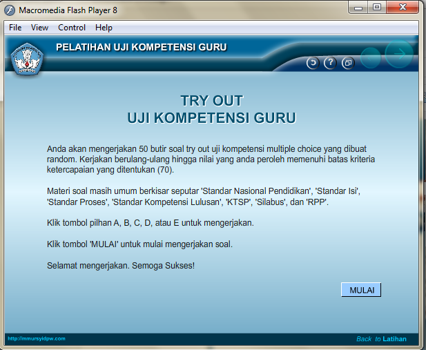 Halaman Try Out Aplikasi Uji Kompetensi Guru 2015 dengan Flash Player