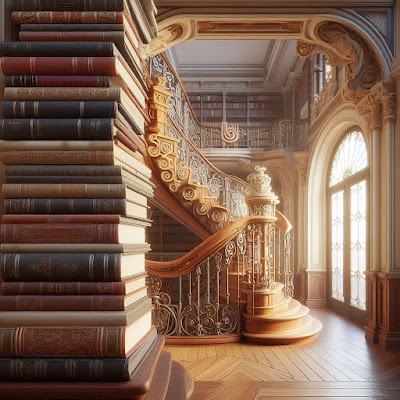 fotografía realista de libros apilados dentro de una casa de estilo Art Nouveau, imagen generada con Inteligencia Artificial