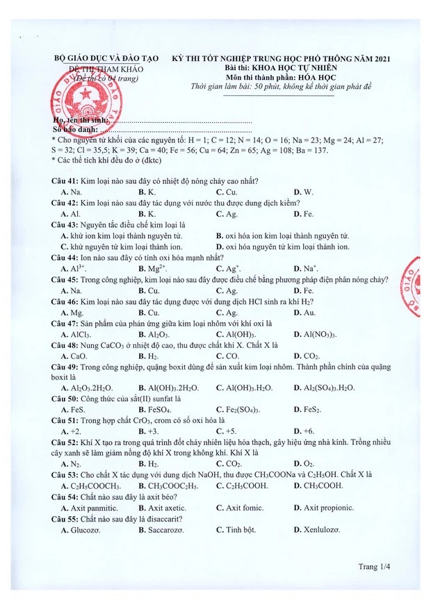 Đề thi minh họa môn Hóa học thi THPT Quốc gia 2021 trang 1