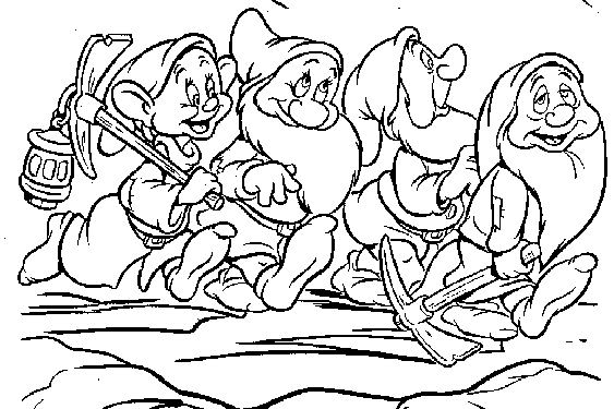 Dibujo de los enanos o enanitos de Blancanieves (Tontín, Tímido, Estornudo y Dormilón) para colorear pintar e imprimir