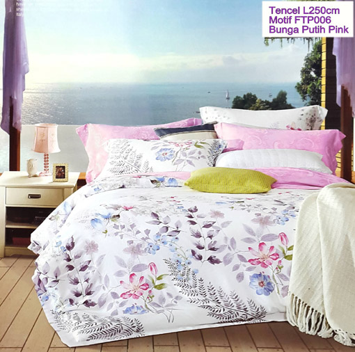 Sprei Tencel Motif Bunga Pink Putih