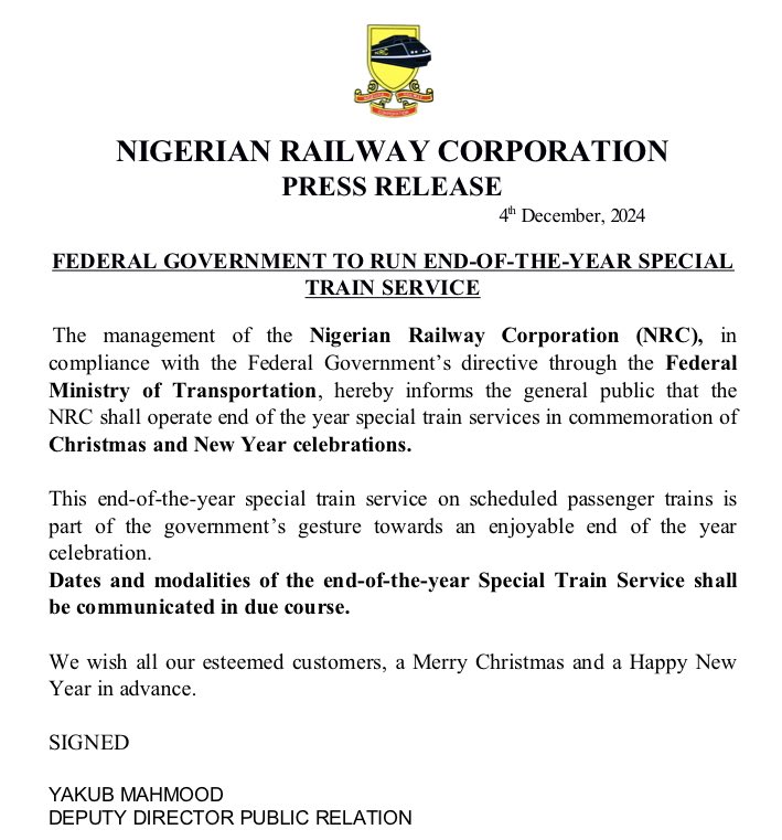 FG To run end-of-the-year special train service